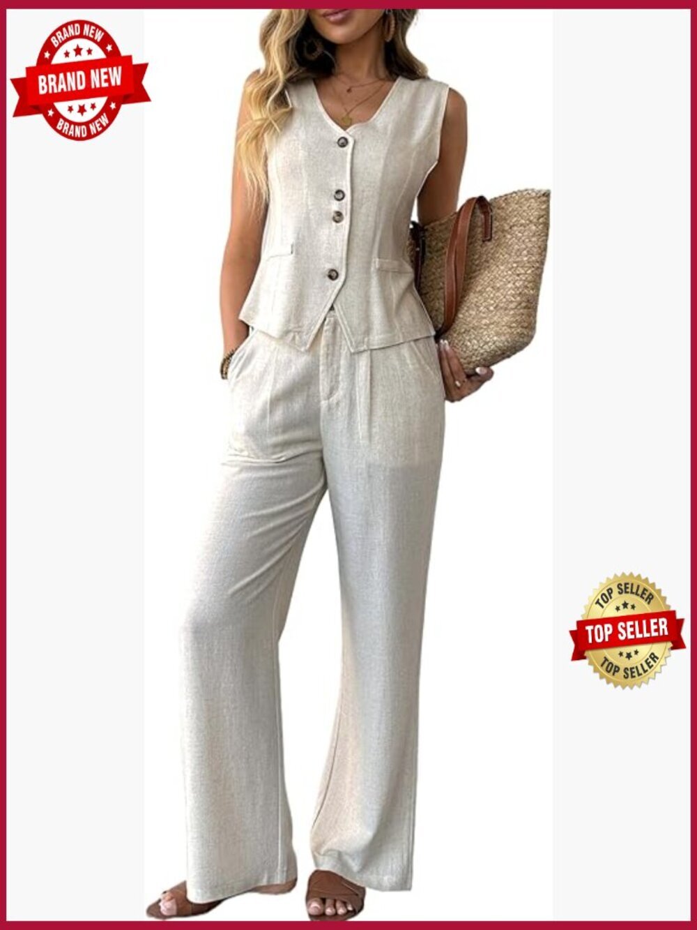 Women's 2 Piece Linen Vest & Wide Leg Pants Suit Set Summer